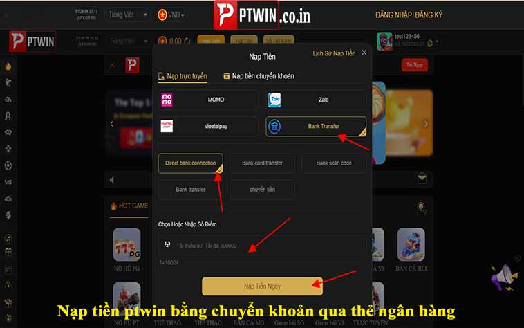Nạp tiền ptwin bằng chuyển khoản qua thẻ ngân hàng
