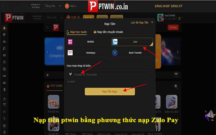 Nạp tiền ptwin bằng phương thức nạp Zalo Pay
