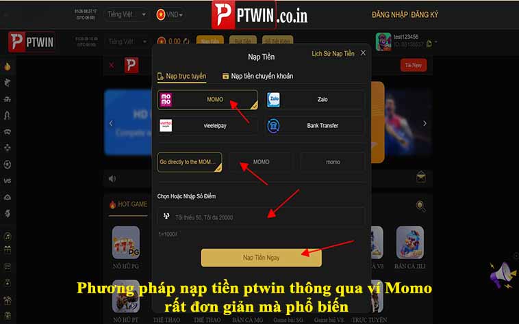 Phương pháp nạp tiền ptwin thông qua ví Momo rất đơn giản mà phổ biến